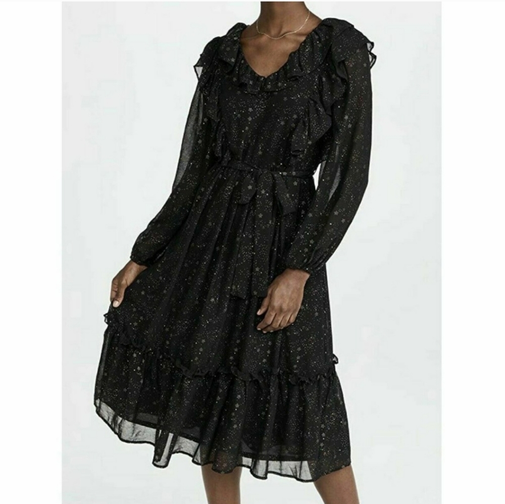 By the River Long Sleeve Chiffon with Black and Gold Accents Midi Dress Size Med